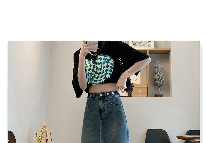 High Waist Denim Midi Straight Skirt Product Image