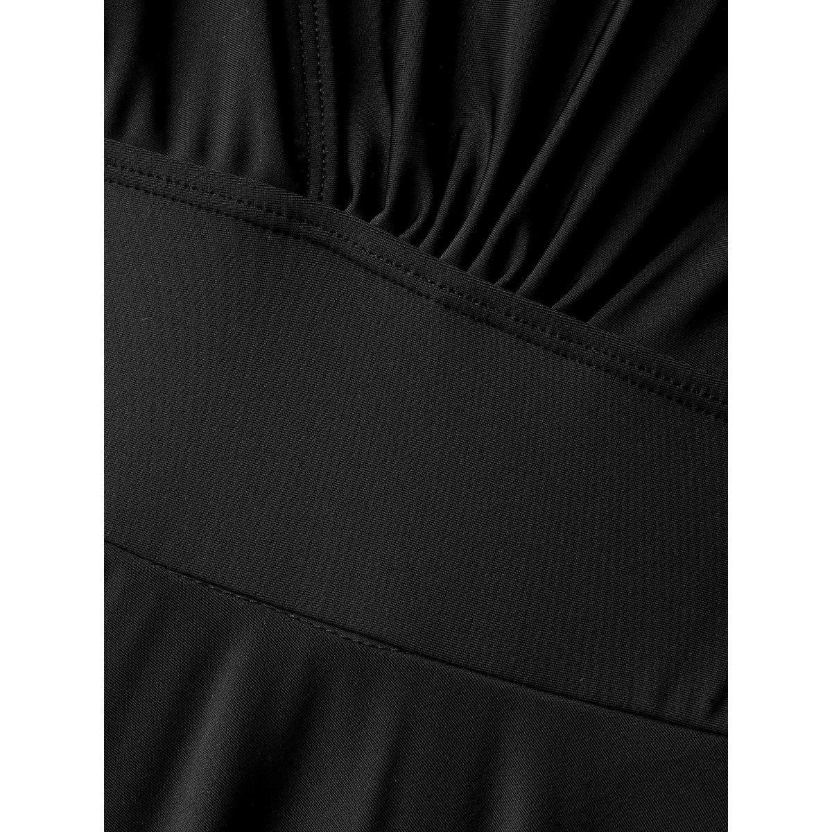 Plus Size Laser Cut Surplice Neck Waist-Cinched Swim Dress Women's Swimwear Black Beach Bodycon Overlap Collar High stretch Curve Swim Dresses BloomChic 18-20/2X Product Image