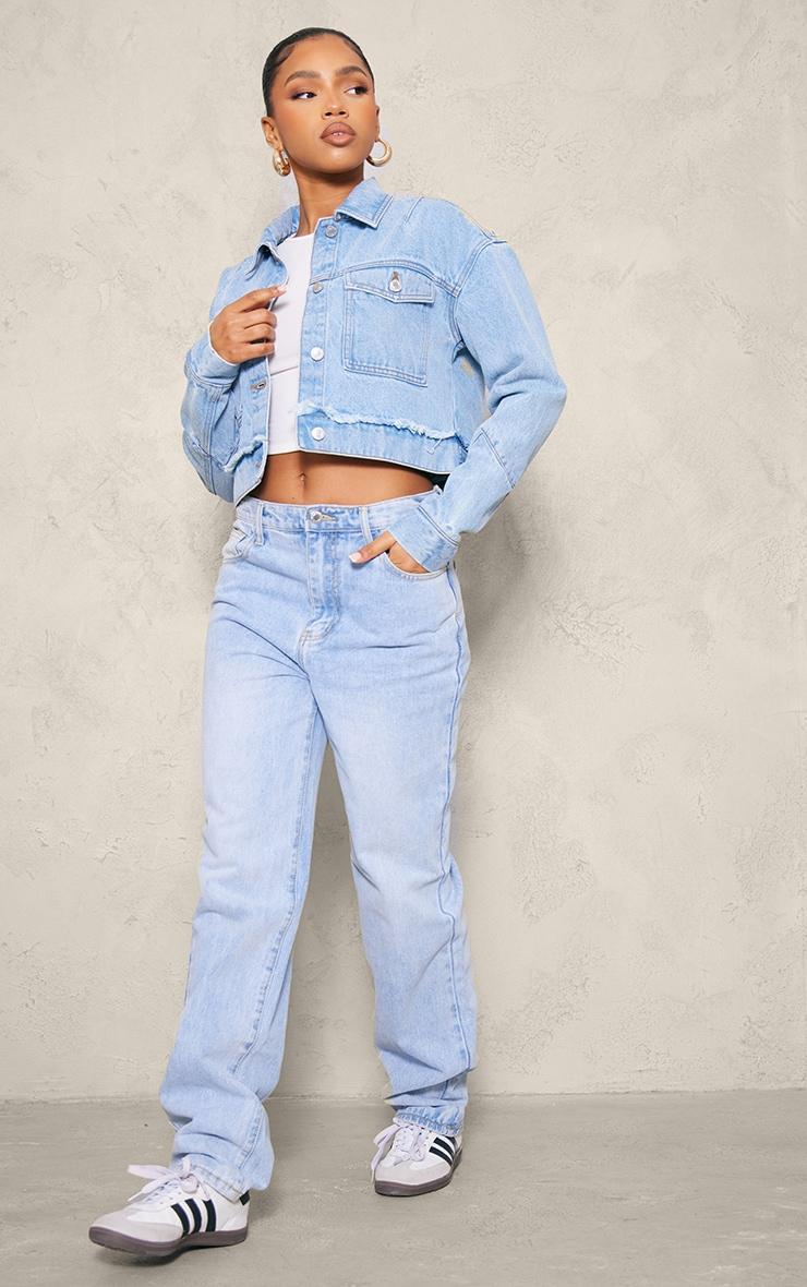 Light Blue Wash Distressed Flower Detail Denim Jacket Product Image