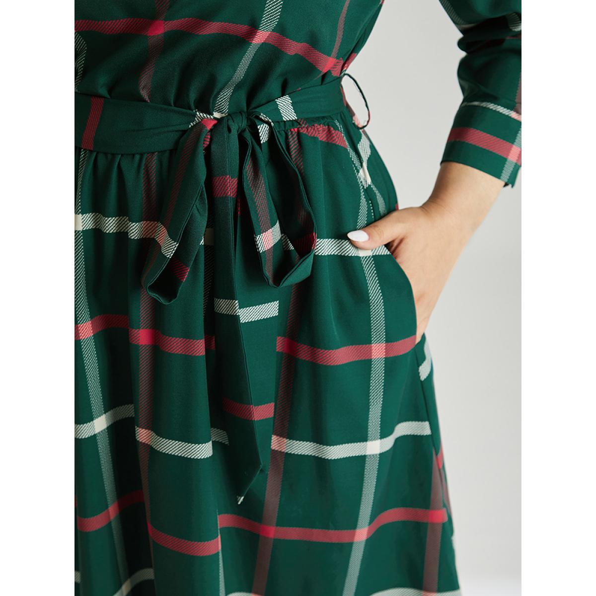 Plus Size Plaid Stand Collar Gathered Belted Dress Multicolor Women Office Printed Stand-up collar Elbow-length sleeve Curvy Midi Dress BloomChic 12/L Product Image