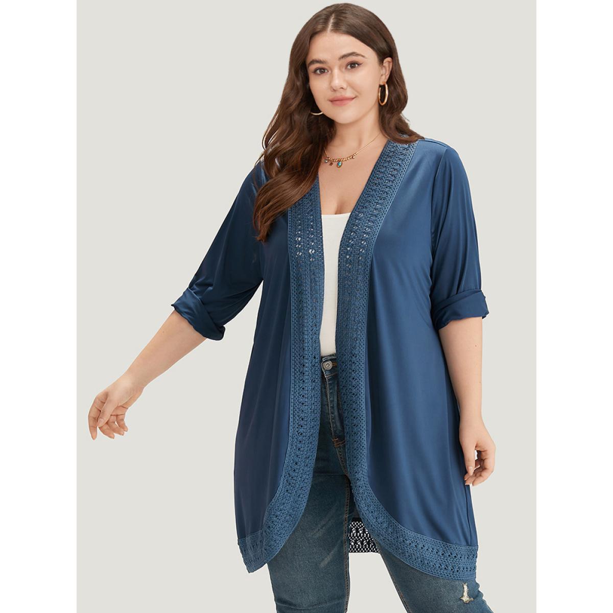 Plus Size Supersoft Essentials Plain Lace Patchwork Open Front Kimono Women DarkBlue Casual Plain Dailywear Kimonos BloomChic 22-24/3X Product Image