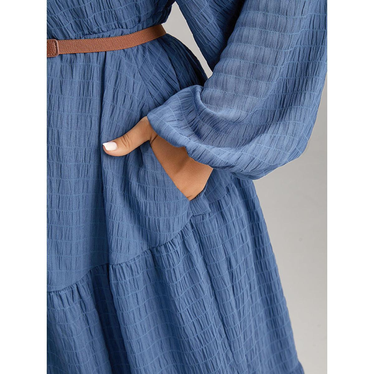 Plus Size Plisse Twist Front Layered Hem Dress Cerulean Women Elegant Elastic cuffs Square Neck Long Sleeve Curvy Midi Dress BloomChic 18-20/2X Product Image
