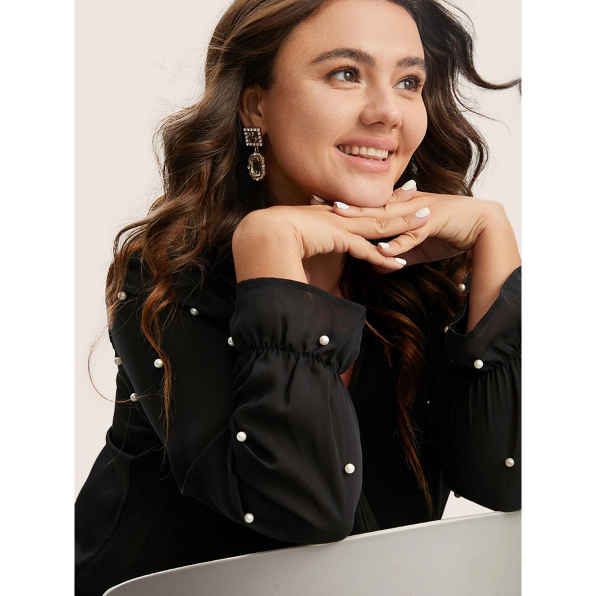 Plus Size Black Pearl Beaded Mesh Patchwork Ruffles Blouse Women Cocktail Long Sleeve V-neck Party Blouses BloomChic 14-16/1X Product Image