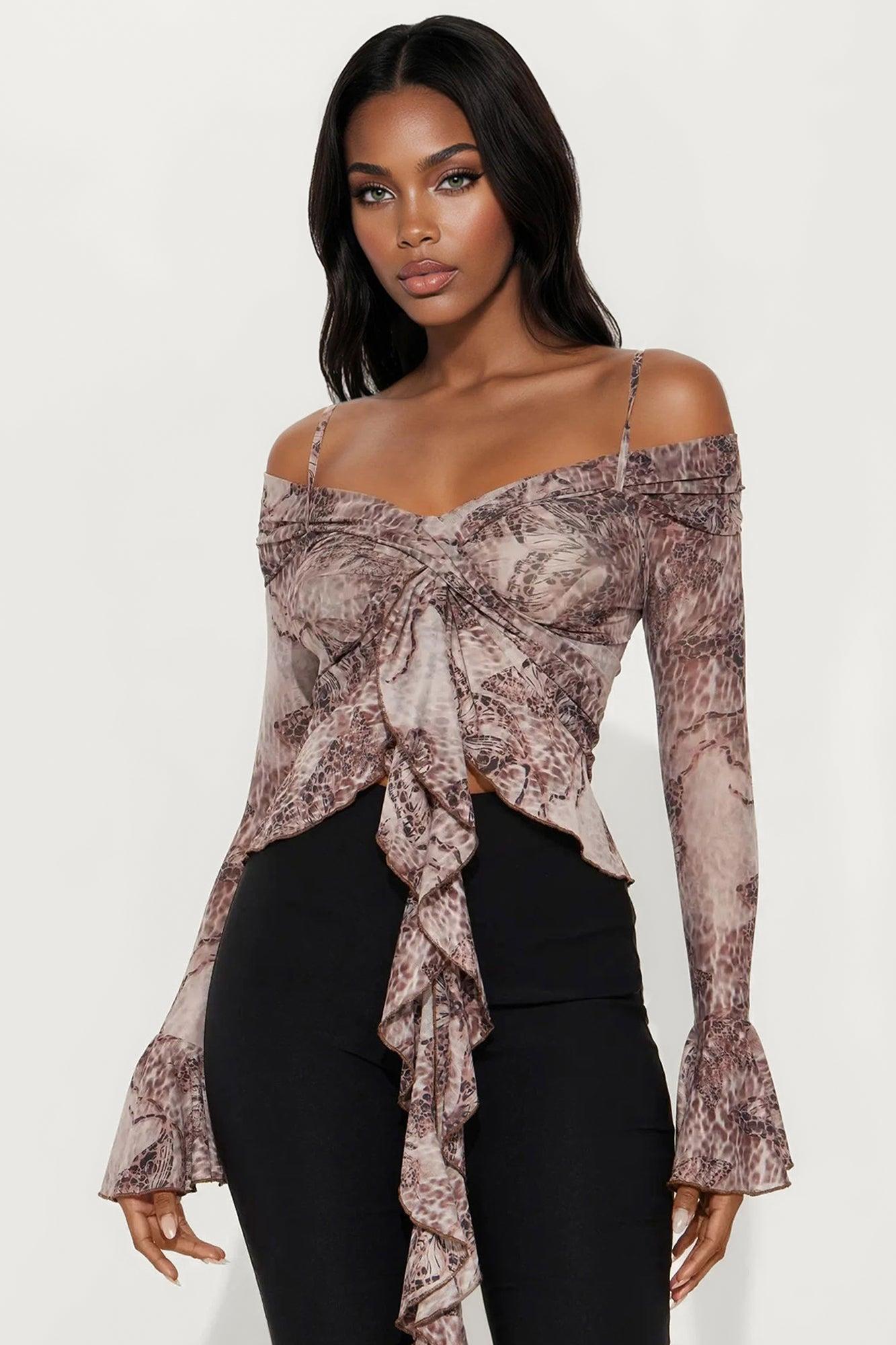 My Sanctuary Ruffle Long Sleeve Top  - Brown/combo Female Product Image