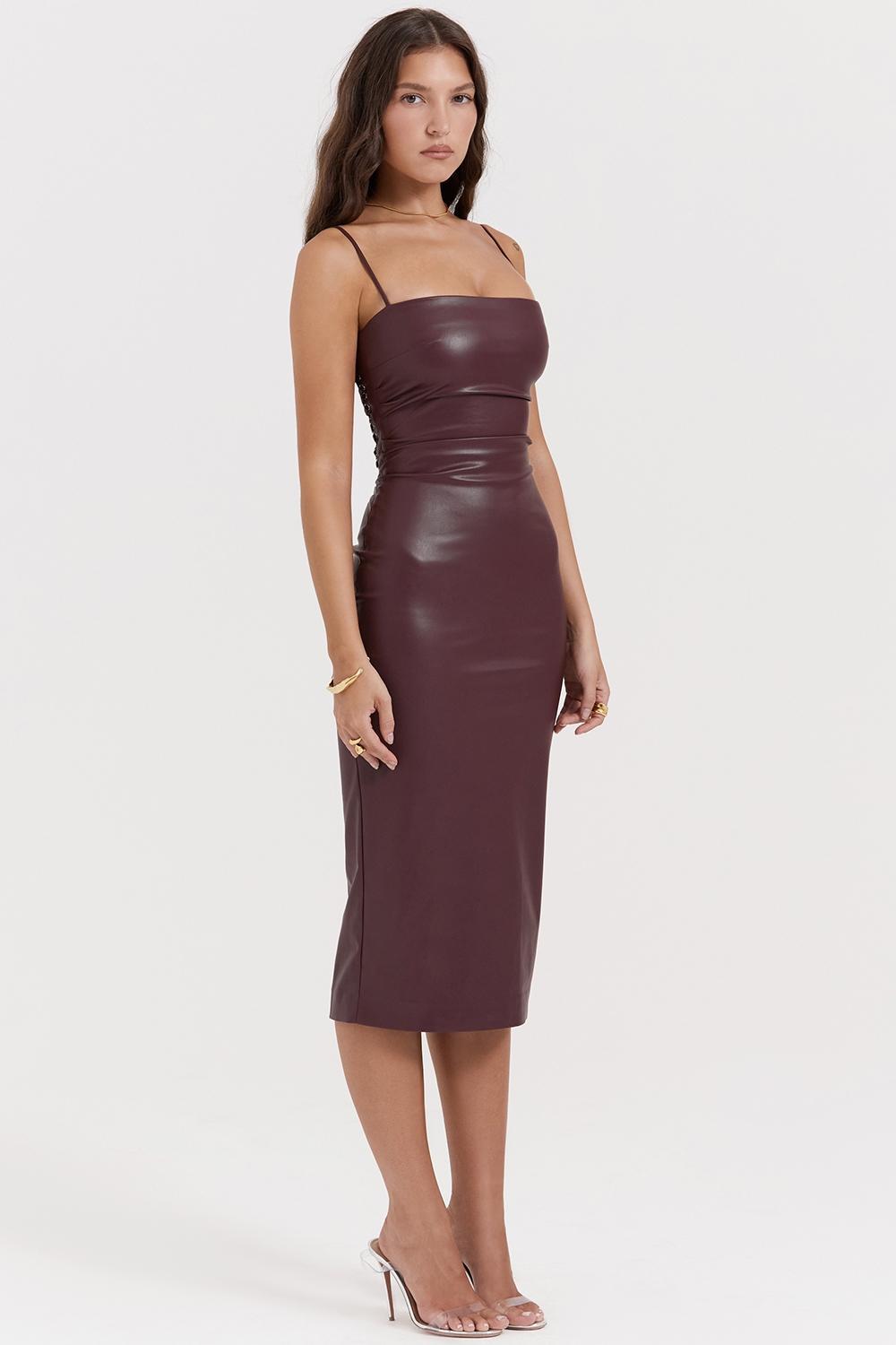 Jalena  mulberry vegan leather lace back dress - sale Product Image