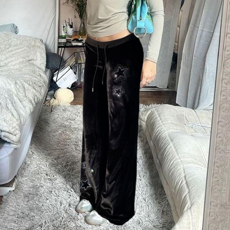 Low Waist Star Rhinestone Velvet Straight-Fit Wide-Leg Pants Product Image