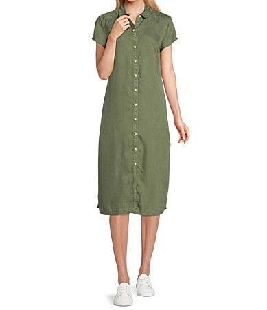 Tommy Bahama Mission Beach Soft Twill Point Collar Cap Sleeve Button Front Self-Tie Belt Shirt Dress Product Image