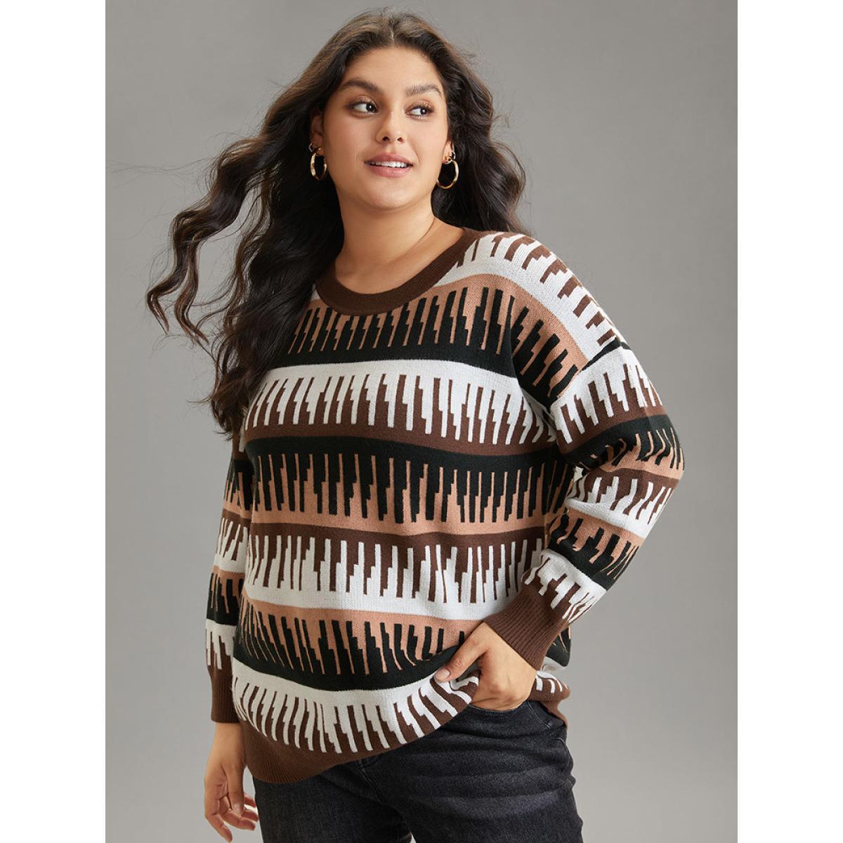 Plus Size Supersoft Essentials Colorblock Geo Elastic Cuffs Pullover DarkBrown Women Casual Loose Long Sleeve Round Neck Dailywear Pullovers BloomChic 12/L Product Image