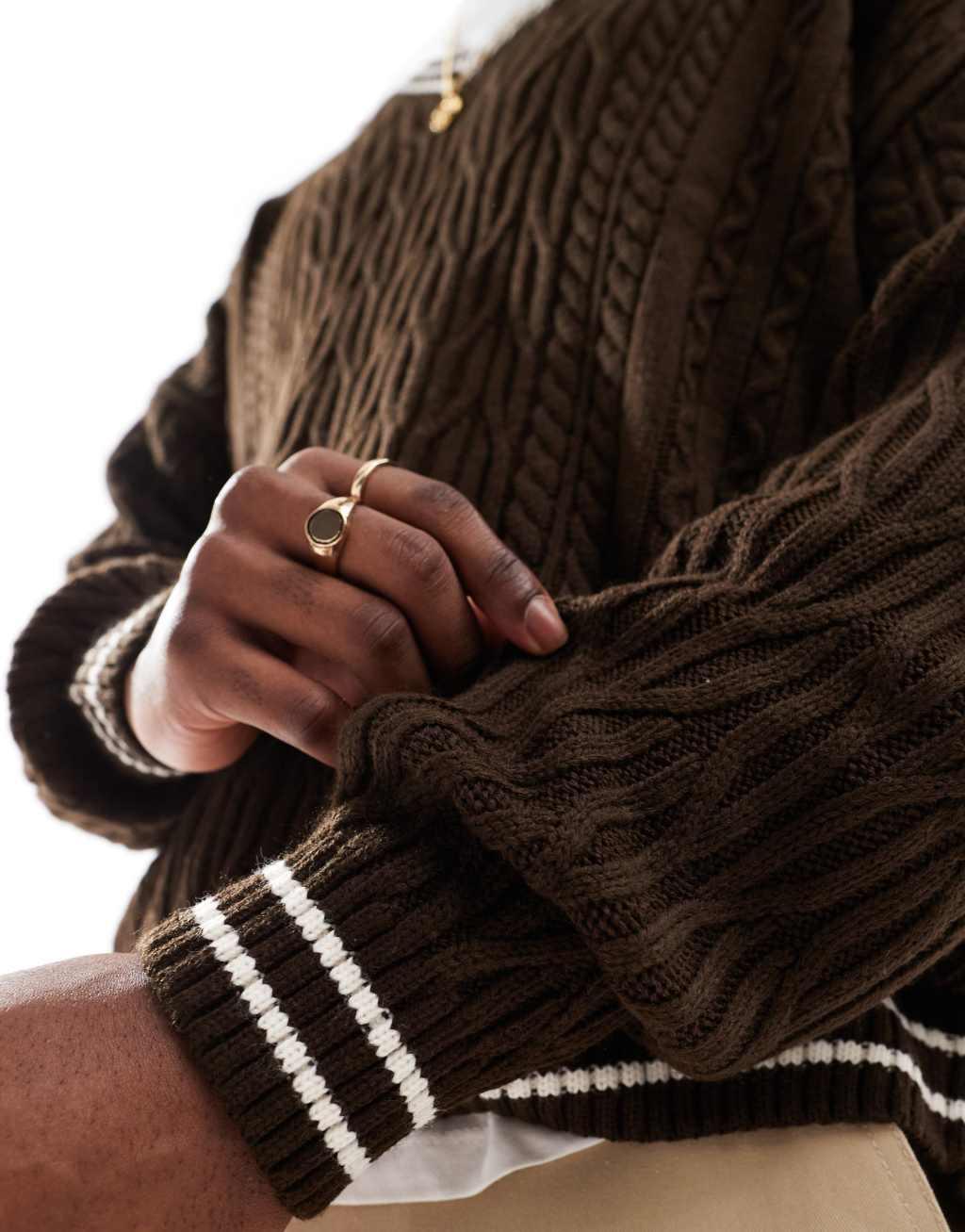 ASOS DESIGN oversized cable knit cricket sweater in brown with cream tipping Product Image