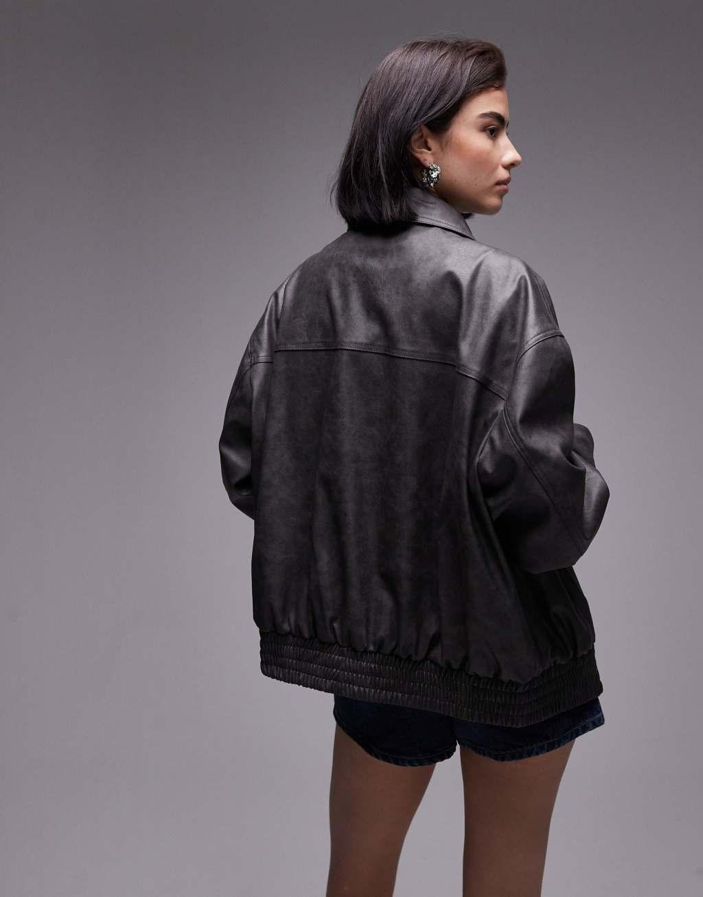 Topshop faux leather bomber jacket in washed black Product Image