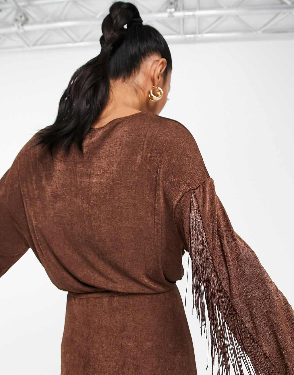 ASOS DESIGN long sleeve slinky midi dress with fringing Product Image