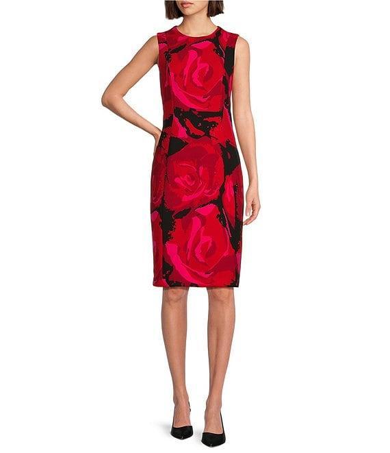 Investments Scuba Crepe red Roses Print Sleeveless Sheath Dress Product Image