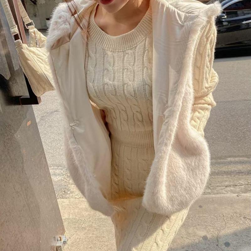 Long-Sleeve Choker-Neck Plain Midi Cable Knit Sweater Dress Product Image