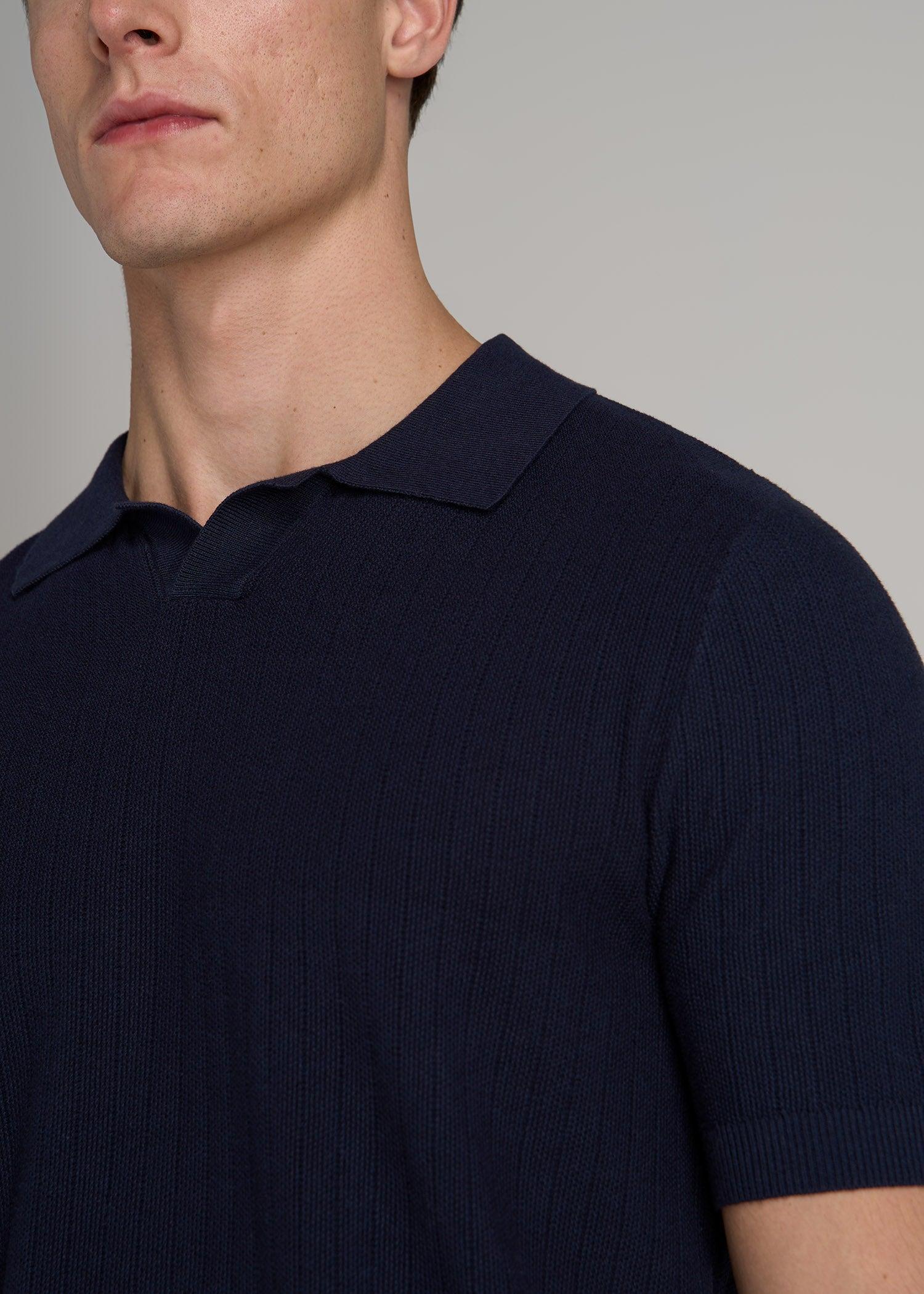 Linen Blend Ribbed Knit Polo Shirt for Tall Men in Evening Blue Product Image