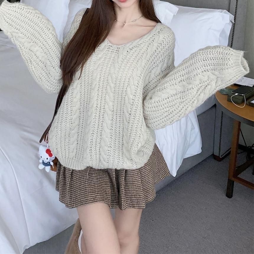 V-Neck Plain Oversized Cable Knit Sweater Product Image