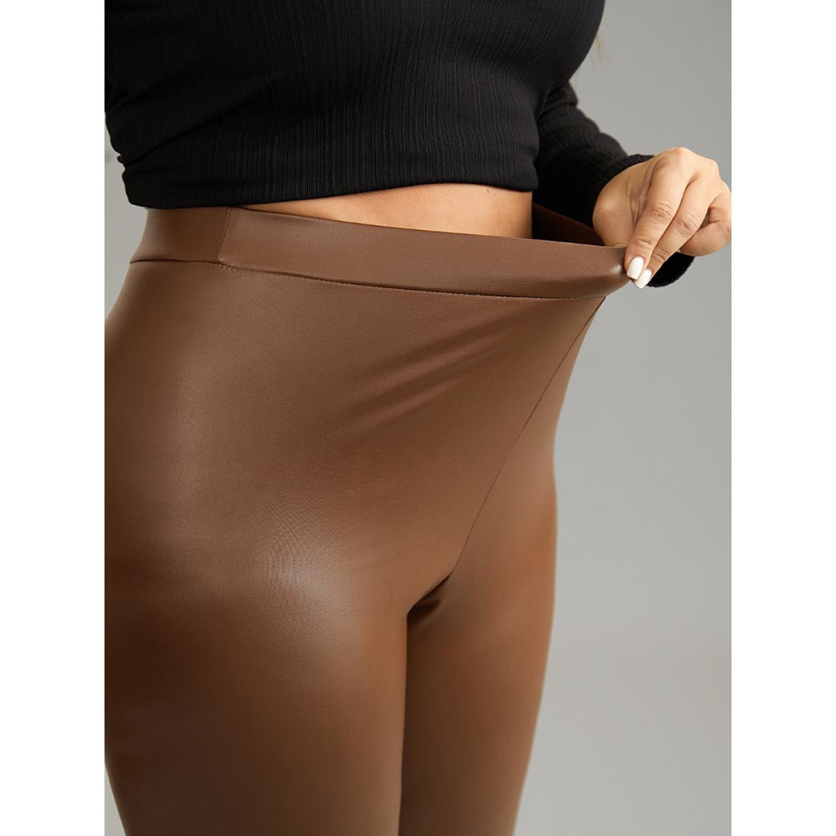 Plus Size PU Leather Elastic Waist Leggings Women DarkBrown Glamour Medium stretch Skinny High Rise Going out Leggings BloomChic 18-20/2X Product Image