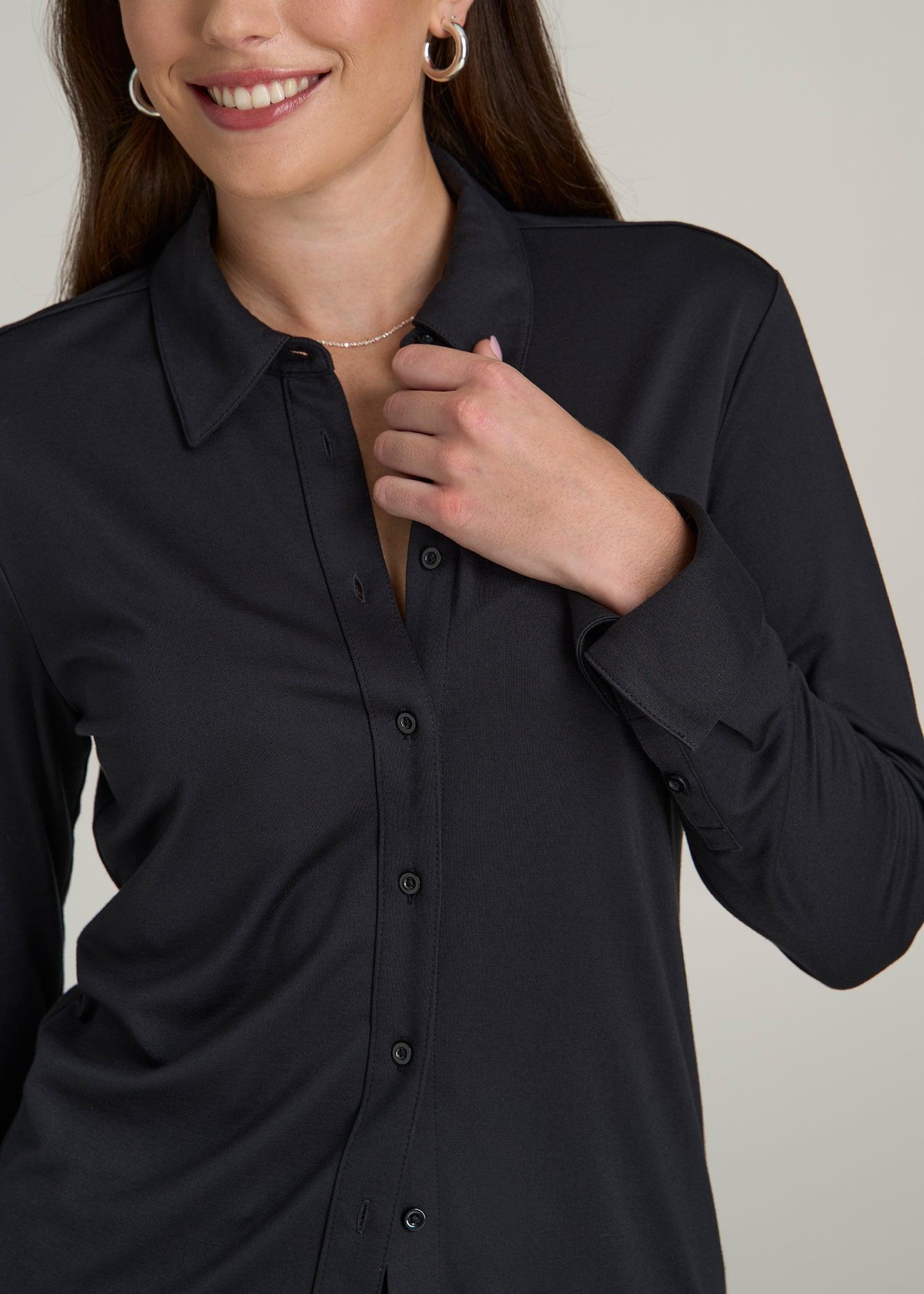 Slub Knit Button Up Women's Tall Shirt in Black Product Image