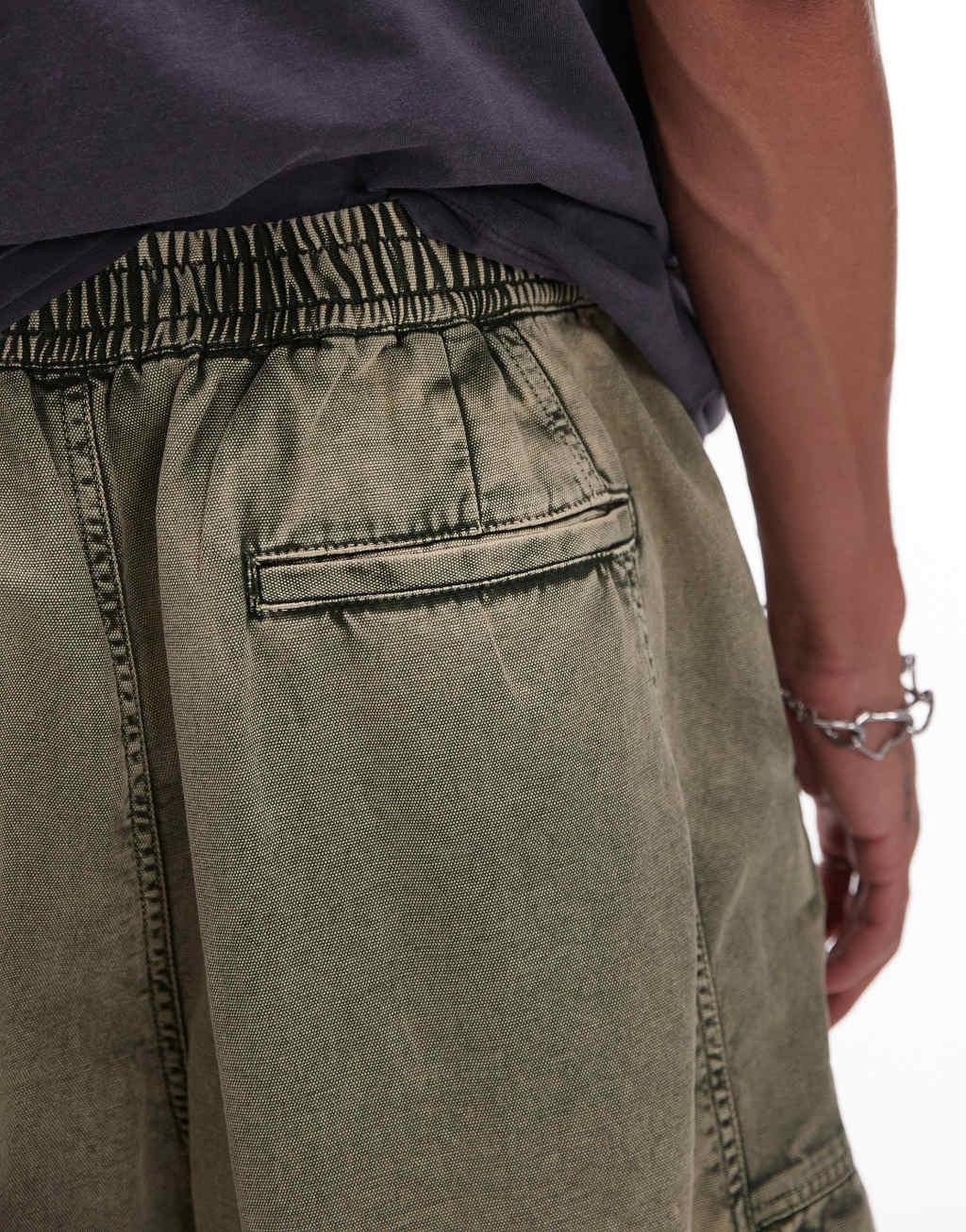 Topman wide leg washed cargo pants in khaki Product Image
