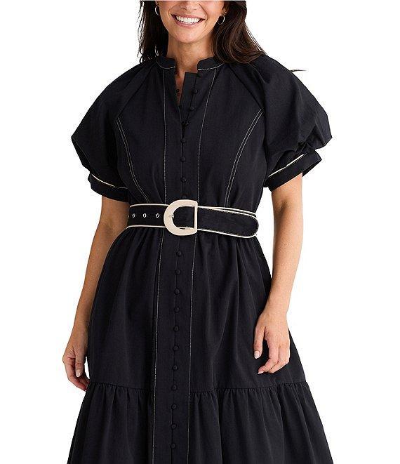 Brave + True Short Puff Sleeve Amour Contrast Piping Button Front Belted Maxi Dress Product Image