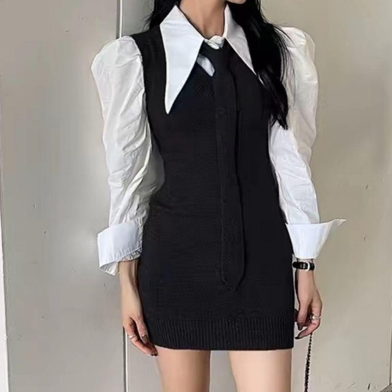 Set: Sleeveless V-Neck Plain Knit Mini Sheath Dress + Necktie Product Image