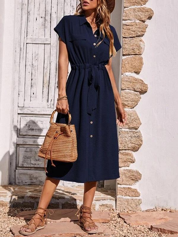 Raglan Sleeve Drawstring Pleated Split-Joint Lapel Midi Dresses Shirt Dress Product Image