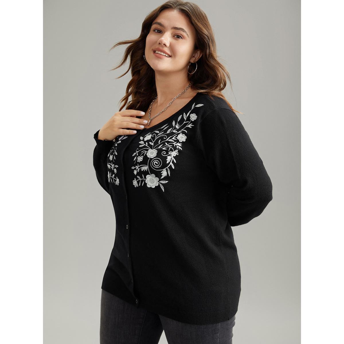 Plus Size Supersoft Essentials Anti-Pilling Silhouette Floral Print Cardigan Black Women Casual Loose Long Sleeve Dailywear Cardigans BloomChic 14-16/1X Product Image