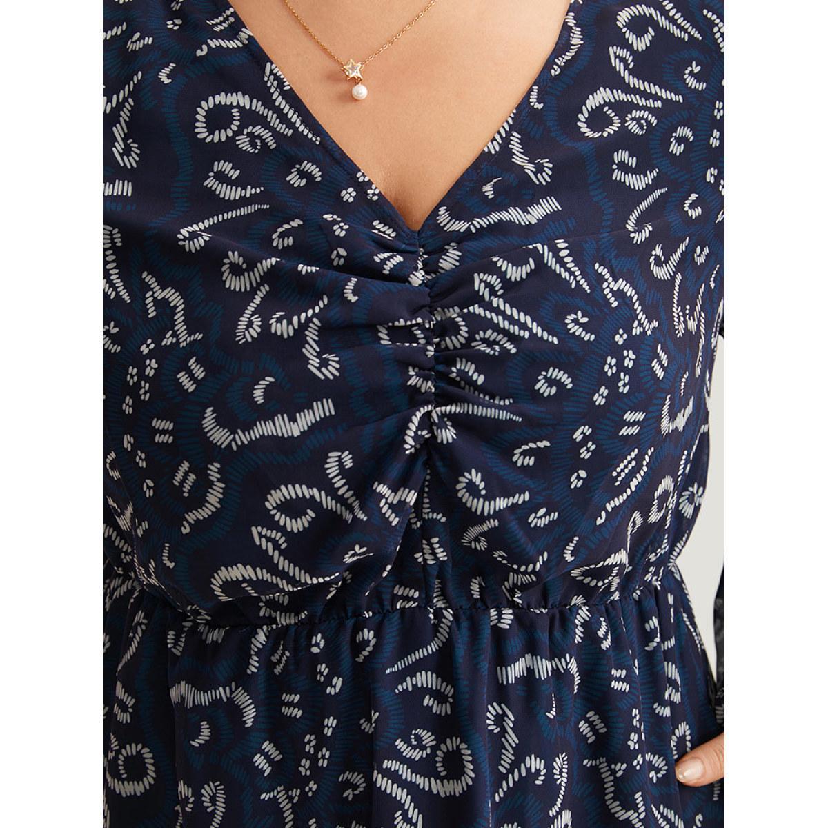 Plus Size Geometric Pocket Ruched Mesh Dress Cerulean Women Office Gathered V-neck Long Sleeve Curvy Midi Dress BloomChic 18-20/2X Product Image