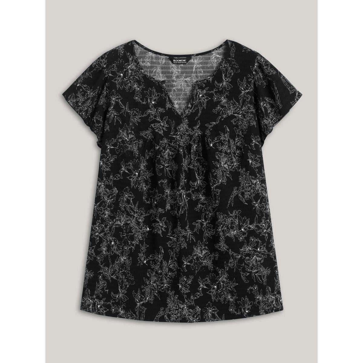 Plus Size Black Silhouette Floral Print Flutter Sleeve Blouse Women Cap Sleeve Notched collar Everyday-Elegant Blouses BloomChic 10/M Product Image