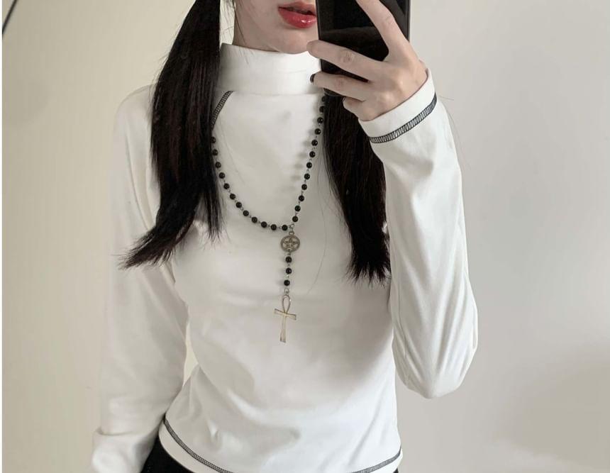 Long Sleeve Mock Neck Contrast Stitch Half Zip Top Product Image