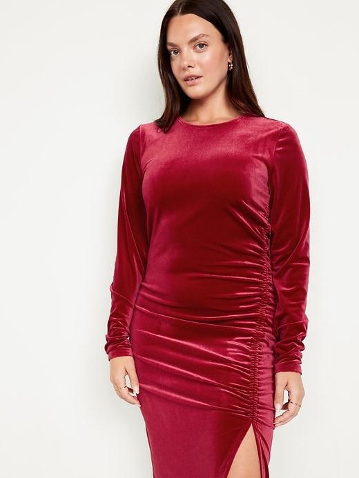 Ruched Velvet Midi Dress Product Image