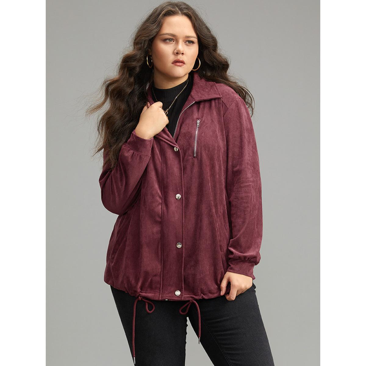Plus Size Plain Pocket Zipper Fly Drawstring Jacket Women Burgundy Plain Pocket Dailywear Jackets BloomChic 18-20/2X Product Image
