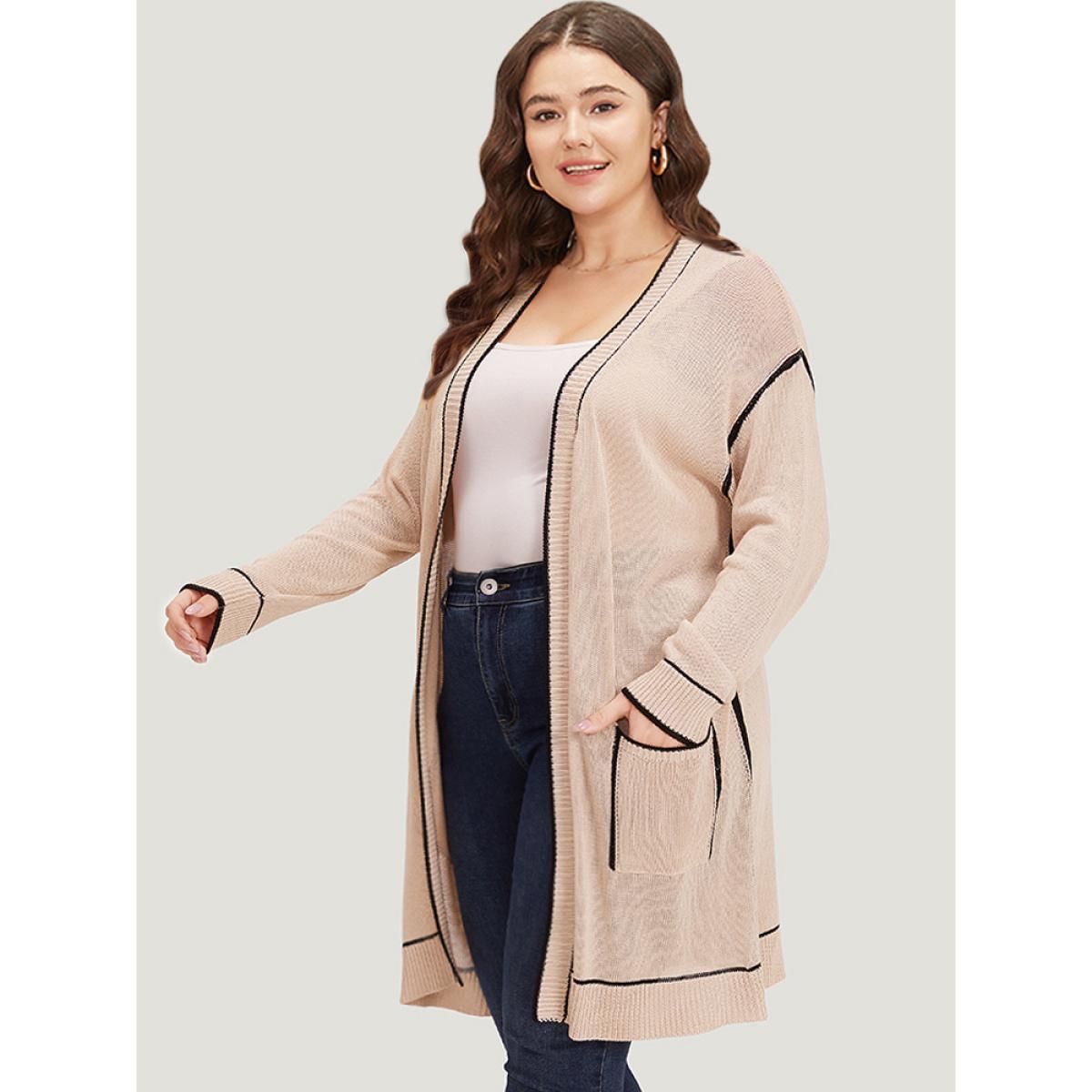 Plus Size Contrast Trim Patched Pocket Drop Shoulder Cardigan Champagne Women Casual Loose Long Sleeve Everyday Cardigans BloomChic 26/4X Product Image