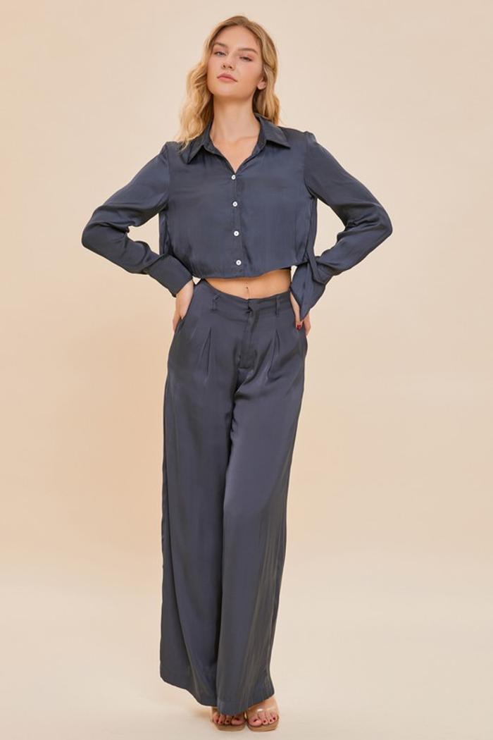 Satin Belted Wide Leg Pants Product Image