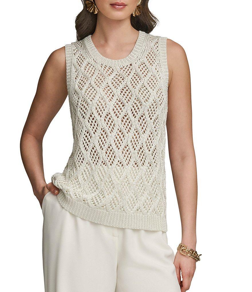 Donna Karan Open Knit Diamond Pattern Crew Neck Sleeveless Tank Product Image