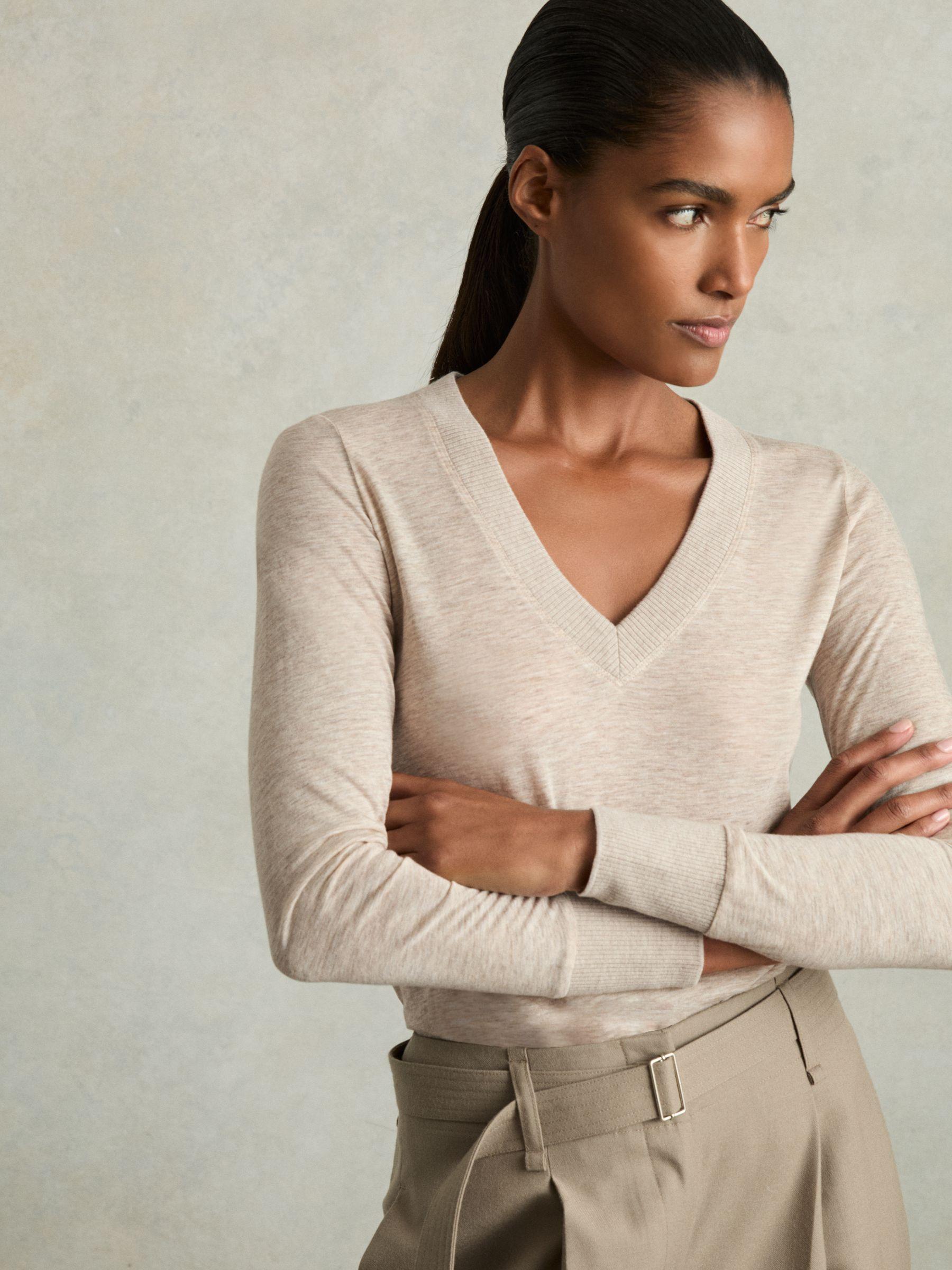 Lyocell-Wool Marled V-Neck Top in Stone Product Image
