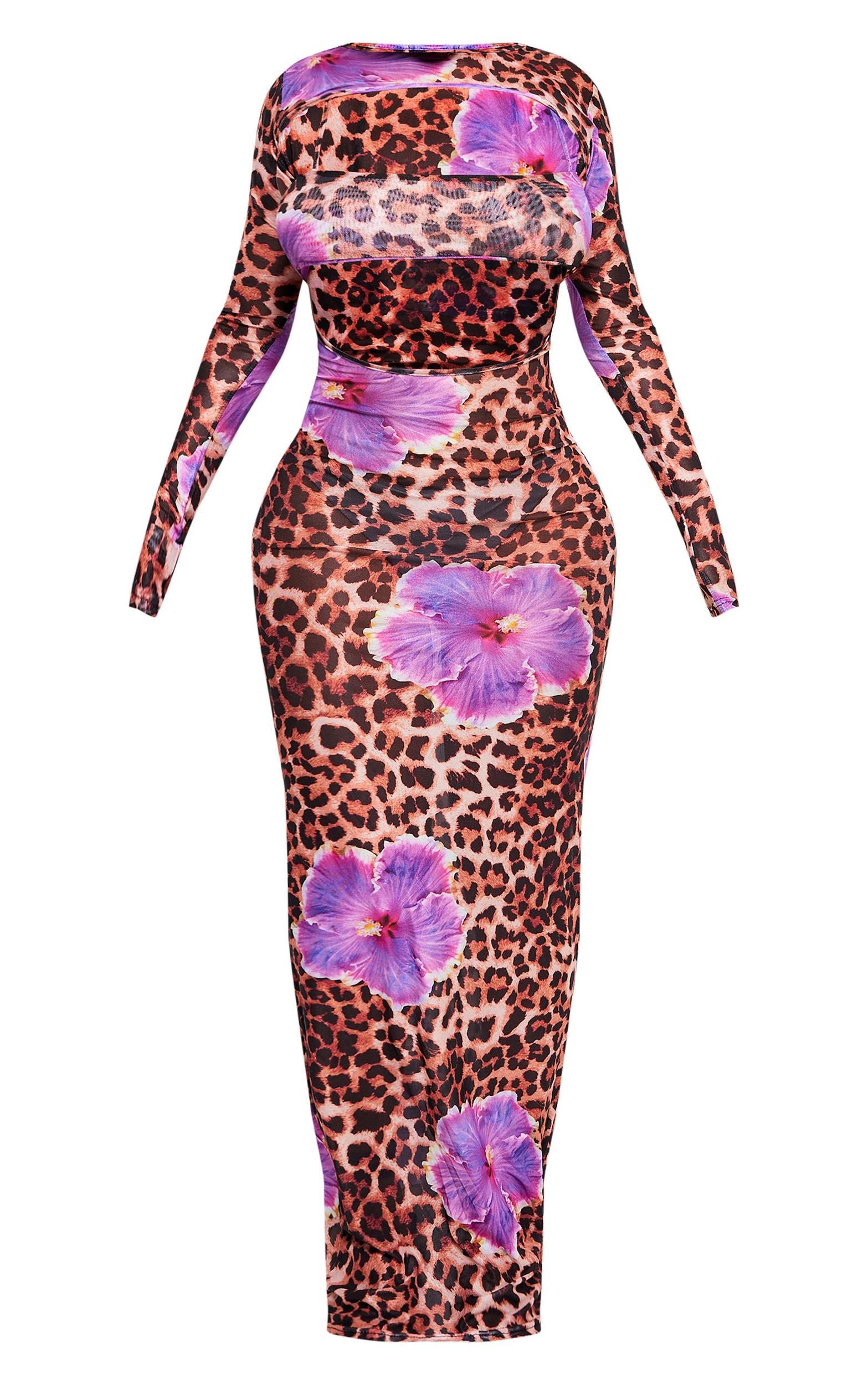 Shape Purple Leopard Printed Mesh Open Back Maxi Dress With Bralet Insert Product Image