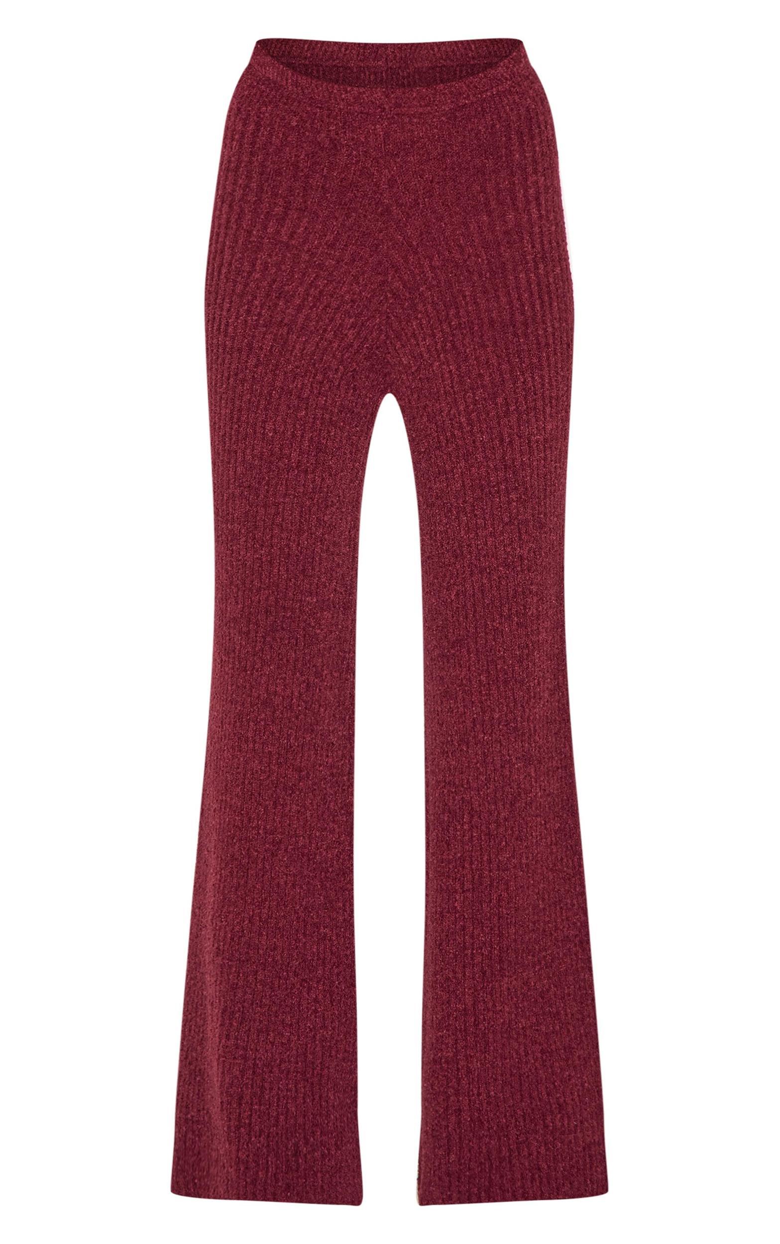 Burgundy Rib Boucle Knit Wide Leg Pants Product Image