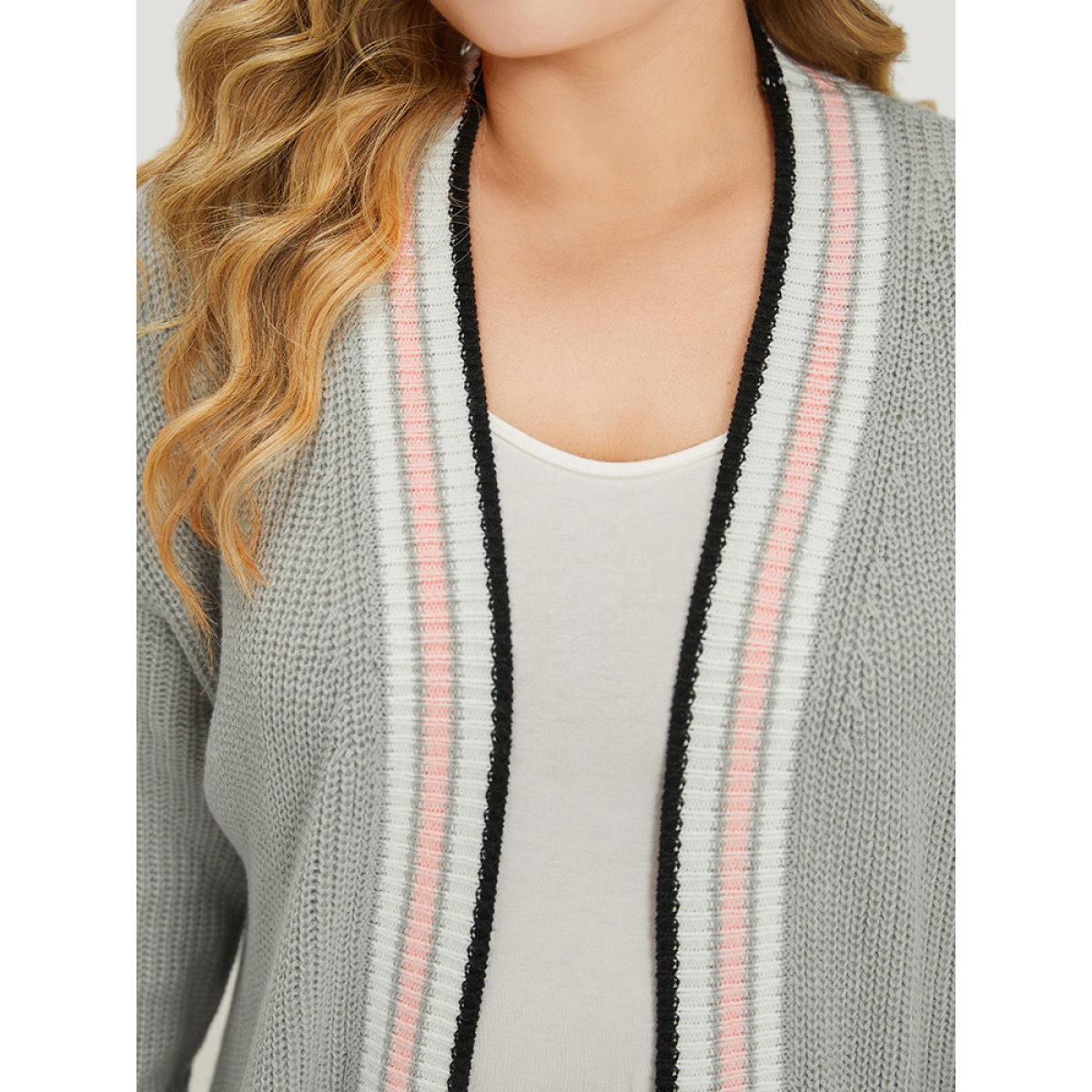 Plus Size Striped Contrast Drop Shoulder Elastic Cuffs Cardigan LightGray Women Casual Loose Long Sleeve Dailywear Cardigans BloomChic 18-20/2X Product Image
