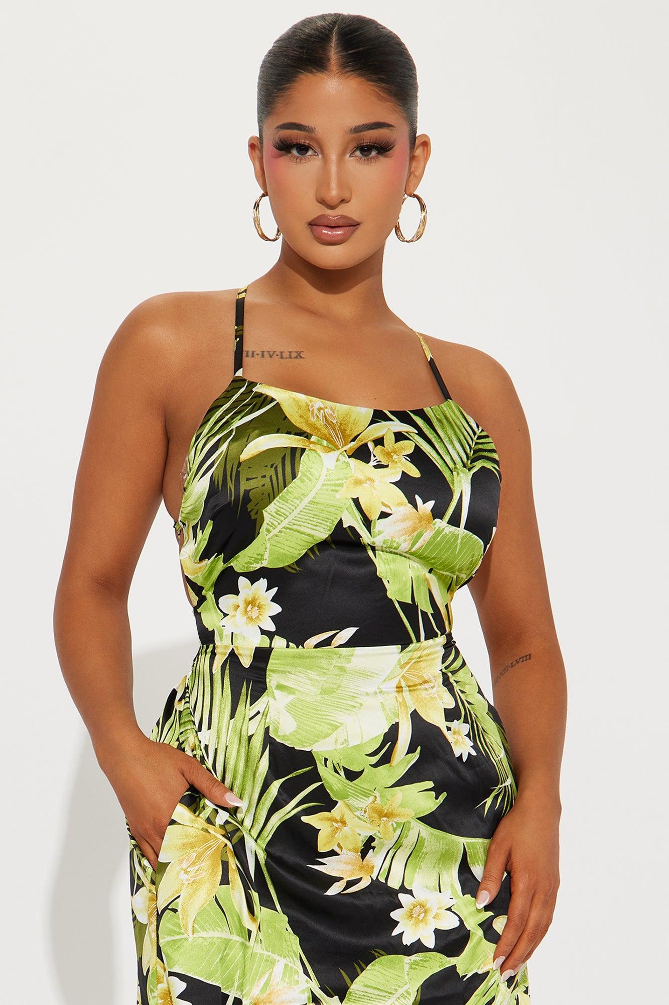 Erin Satin Tropical Maxi Dress - Black Product Image