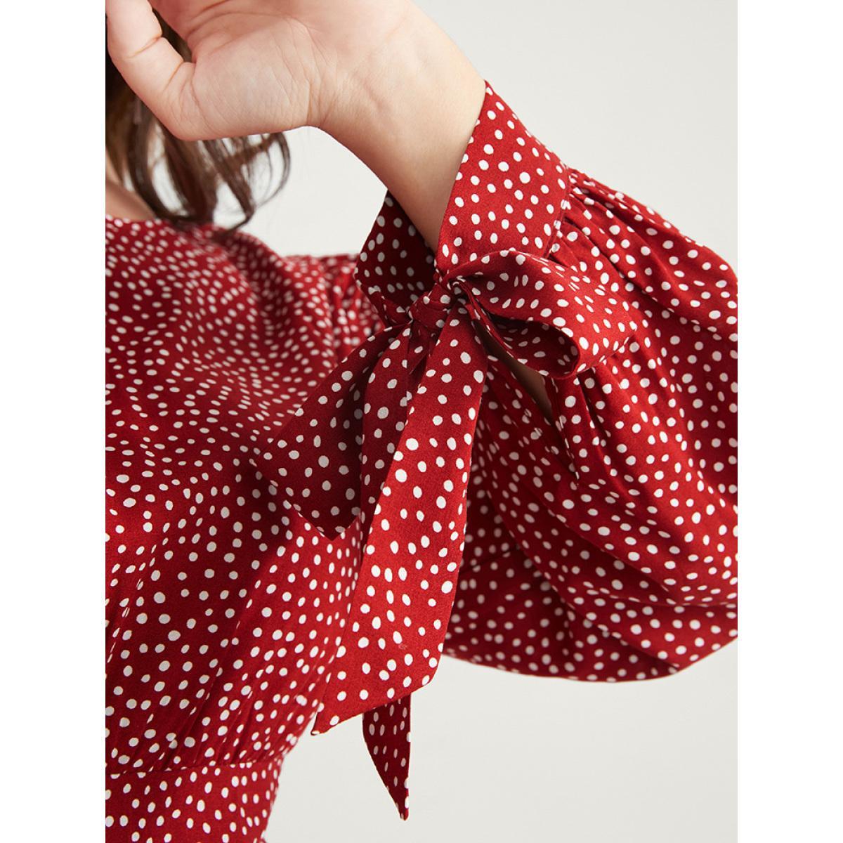 Plus Size Polka Dot Knotted Sleeve Pocket Shirred Split Dress Scarlet Women Elegant Cross straps Round Neck Long Sleeve Curvy Midi Dress BloomChic 18-20/2X Product Image