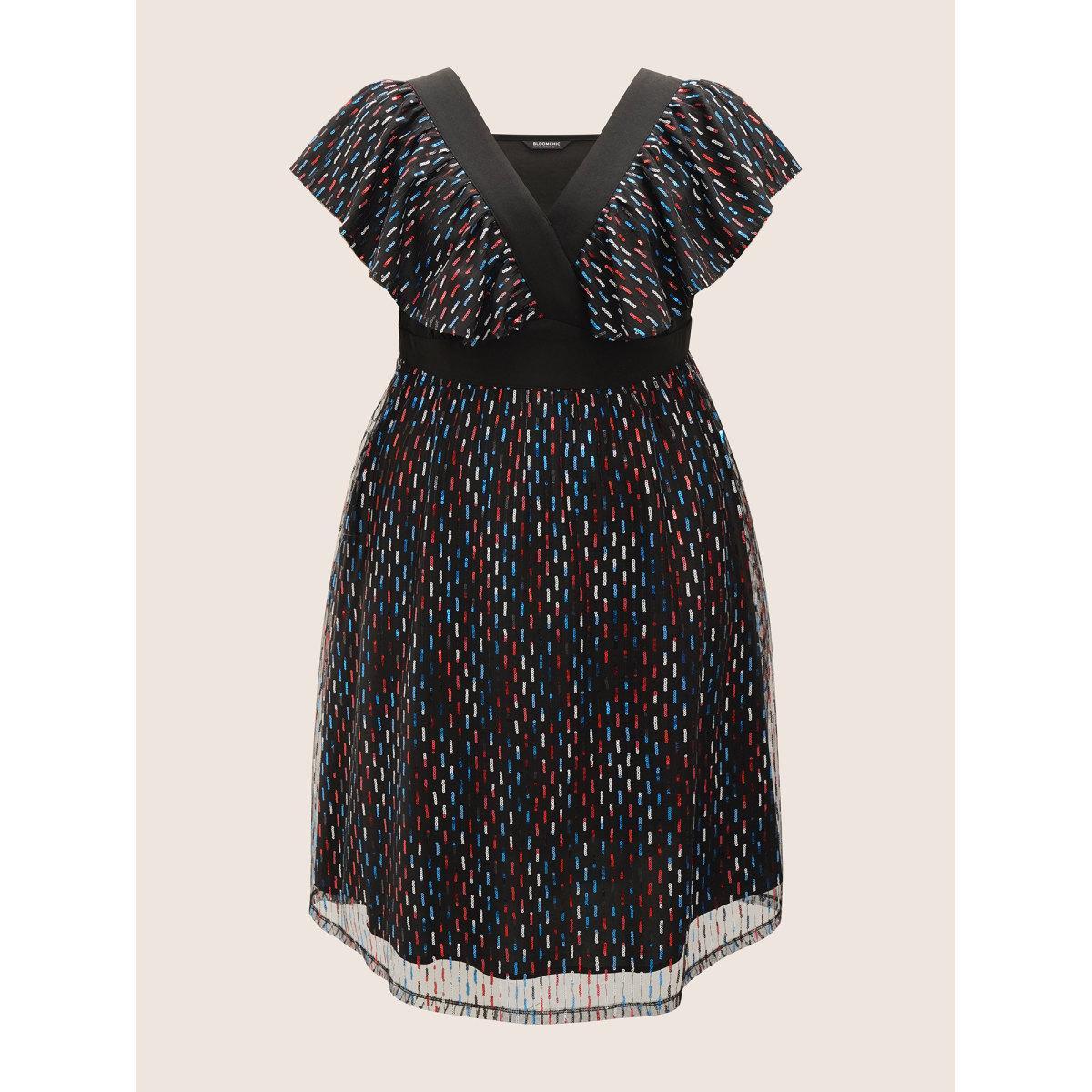 Plus Size Sequin Patchwork Pocket Flutter Cap Sleeve Dress Black Women Cocktail See through V-neck Cap Sleeve Curvy Midi Dress BloomChic 30/6X Product Image