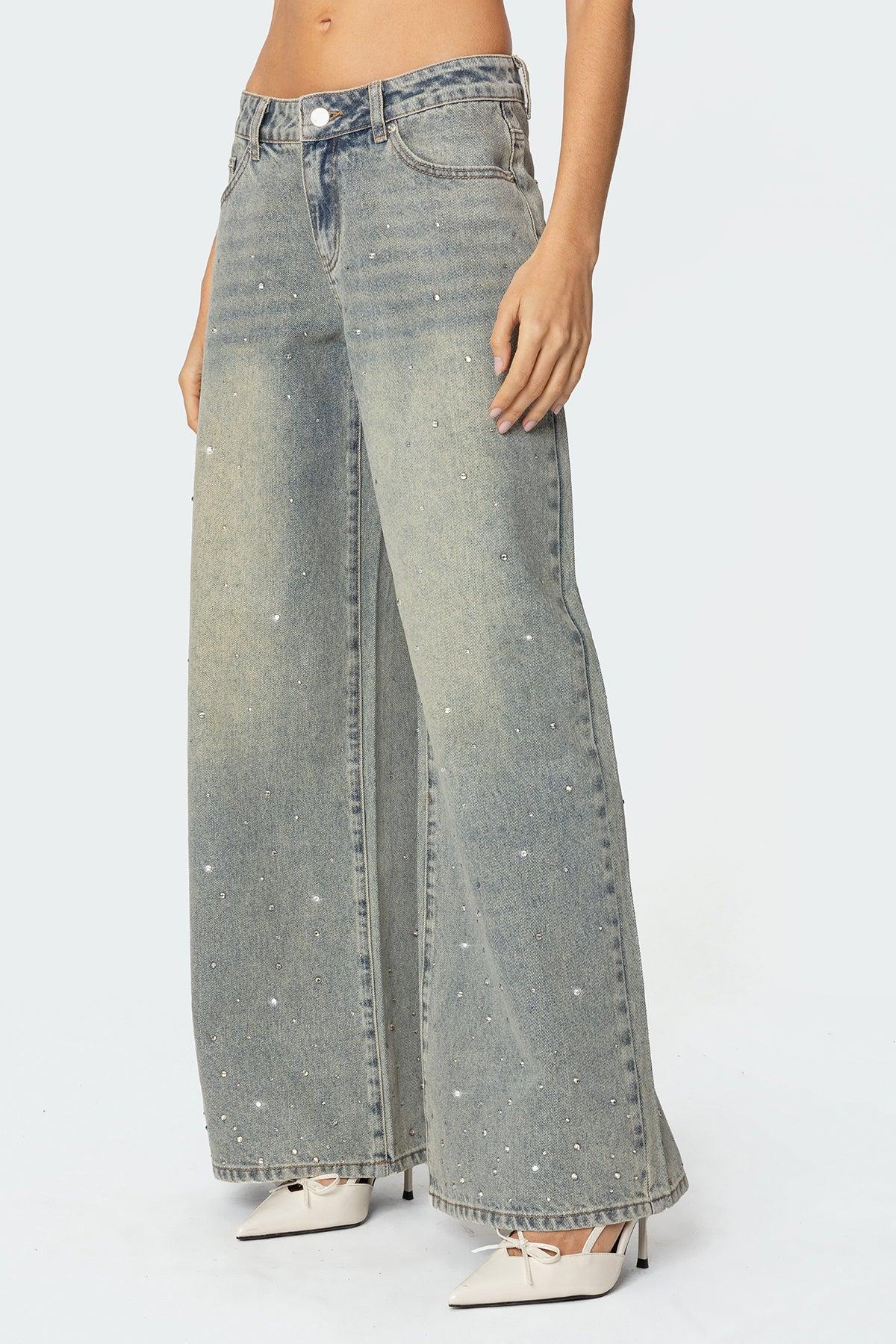 Rhinestone Low Rise Washed Jeans Product Image