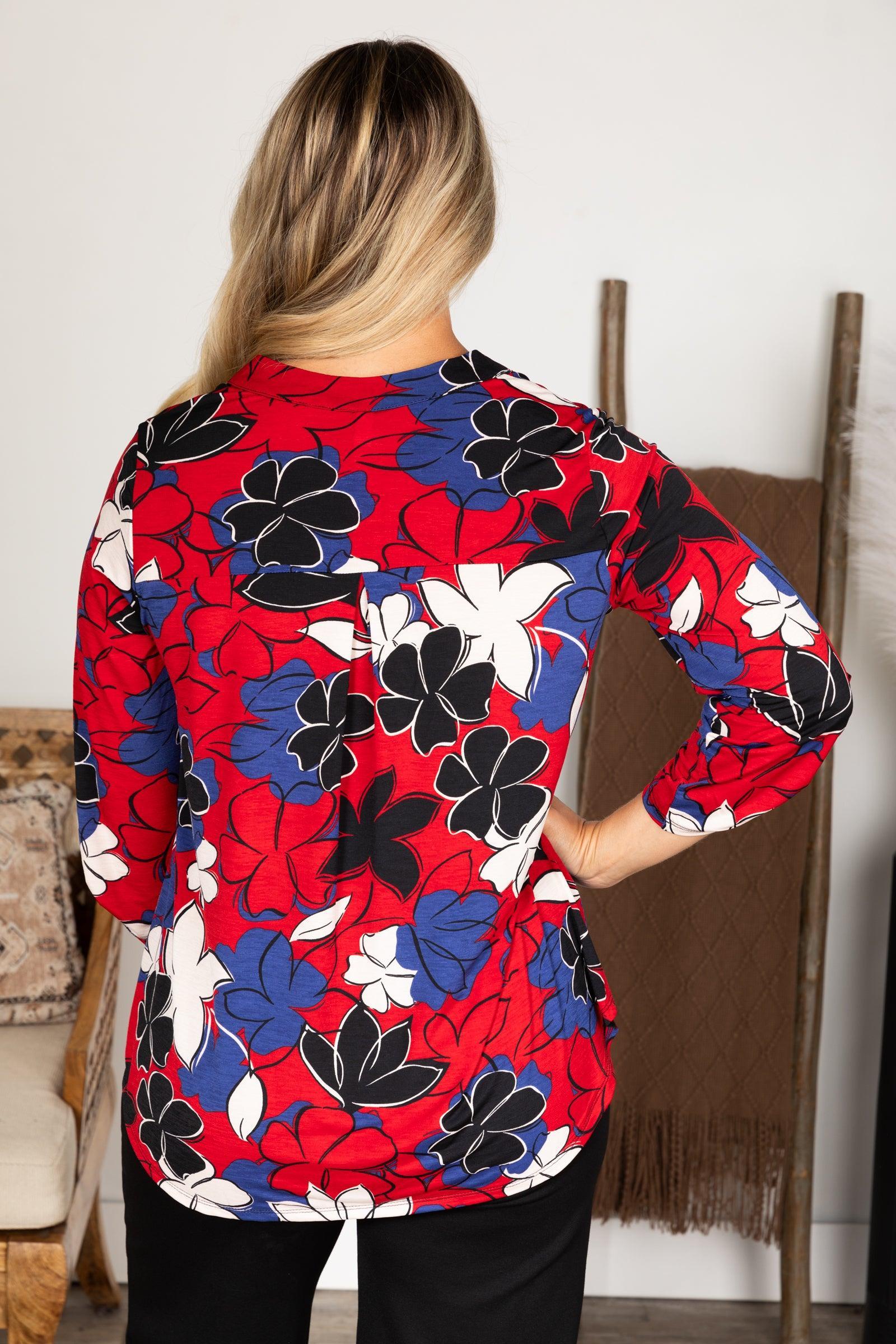 Red And Navy Floral Wrinkle Free Lizzy Top Product Image