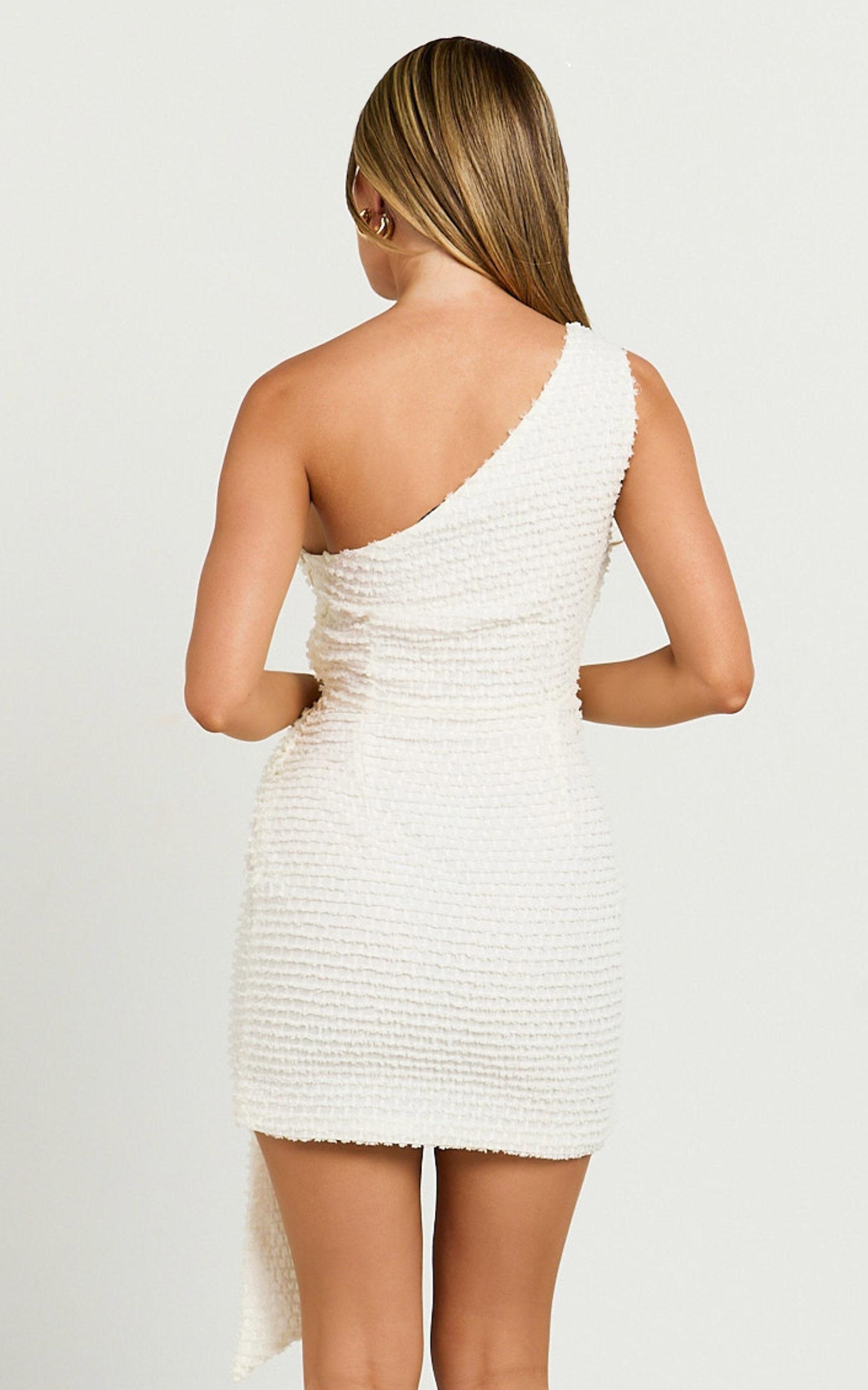 Elisa Mini Dress - One Shoulder Wrap Skirt Bow Detail Dress in Cream Product Image