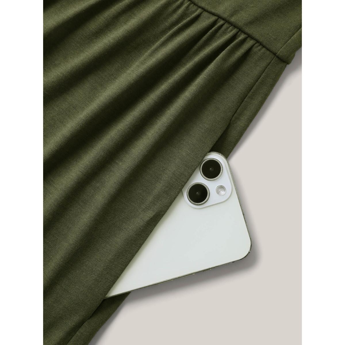 Plus Size ArmyGreen Stretchy Knit Pockets Cross Back Jumpsuit Women At the Office Sleeveless V-neck Work Loose Jumpsuits BloomChic 18-20/2X Product Image