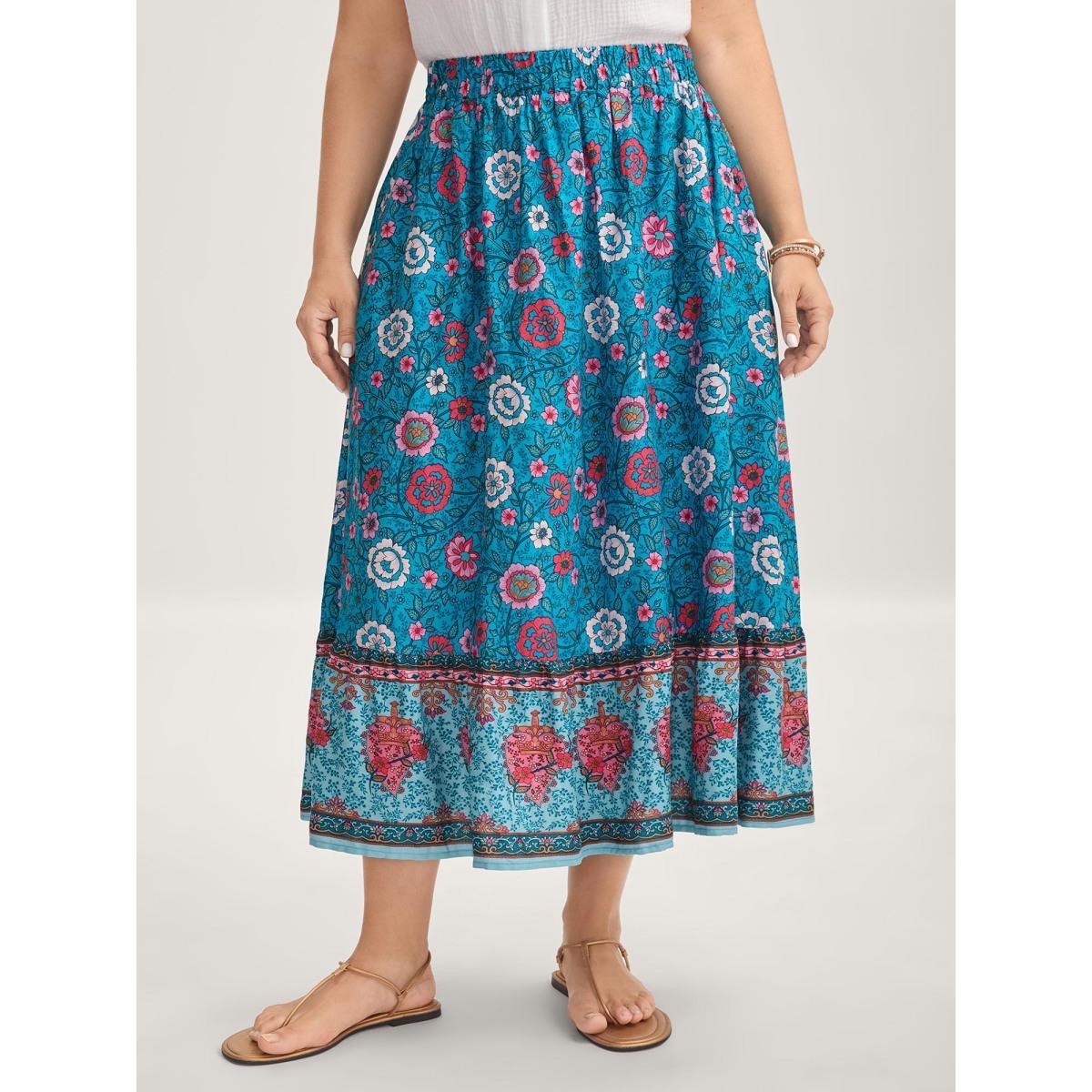 Plus Size Floral Fun Wide-Waist Maxi Skirt Women Cerulean Resort Patchwork Low stretch Slanted pocket Vacation Skirts BloomChic 26/4X Product Image