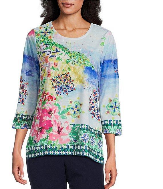 Allison Daley Amalfi Coast Print 3/4 Sleeve Crew Neck Knit Top Product Image