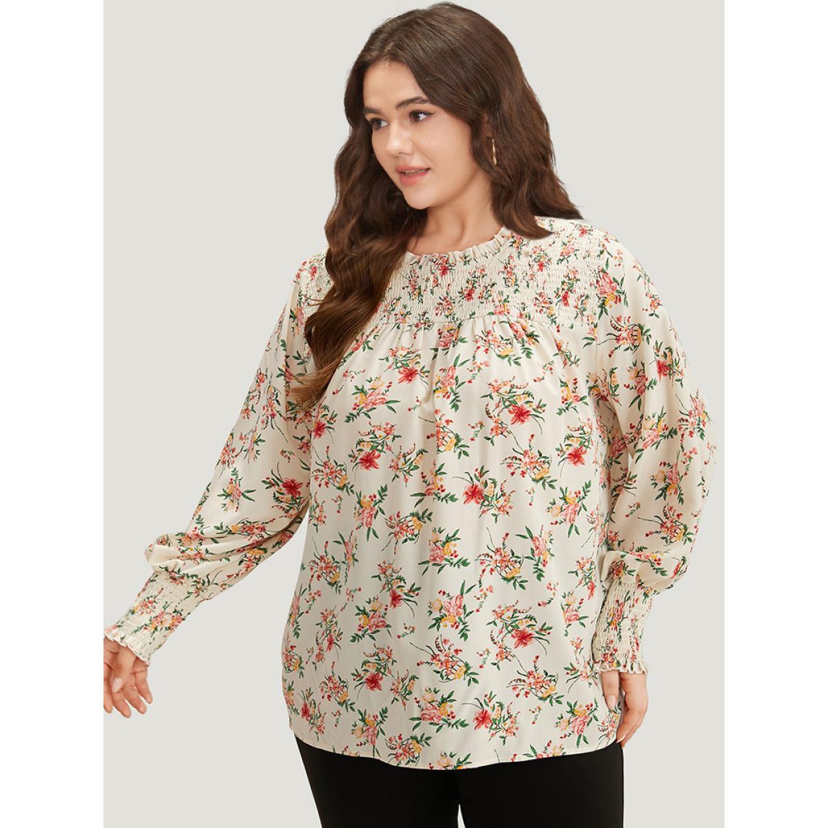 Plus Size White Floral Print Shirred Frill Trim Blouse Women Elegant Long Sleeve Round Neck Dailywear Blouses BloomChic 18-20/2X Product Image