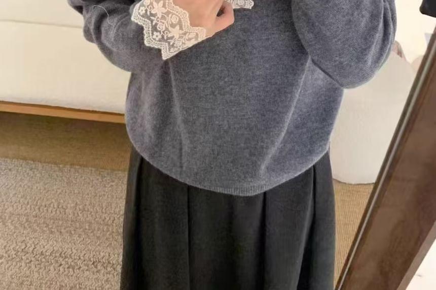 Long-Sleeve Henley Hooded Lace Trim Knit Top Product Image