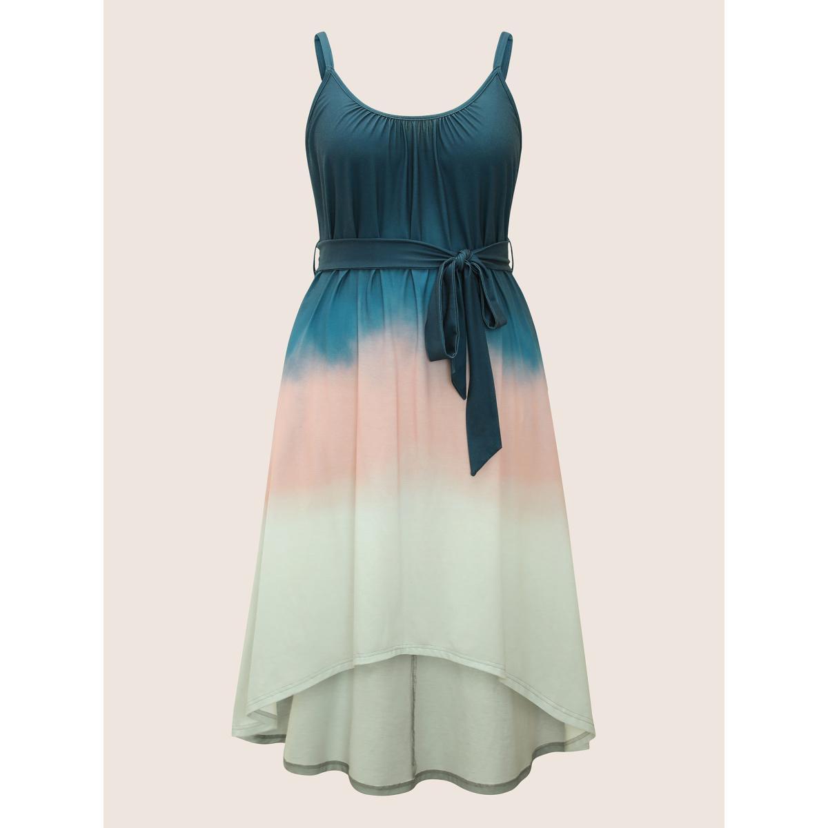 Plus Size Tie Dye Belted Gathered Asymmetrical Hem Dress Indigo Women Resort Non V-neck Sleeveless Curvy Midi Dress BloomChic 12/L Product Image